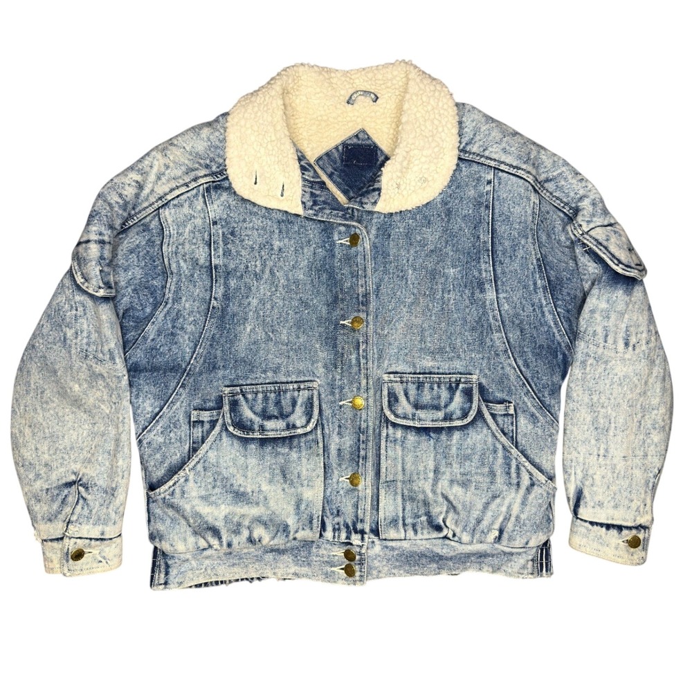 Weathered Blues Denim Jacket L Blue Acid Wash Sherpa Lined Vintage 90s Trucker